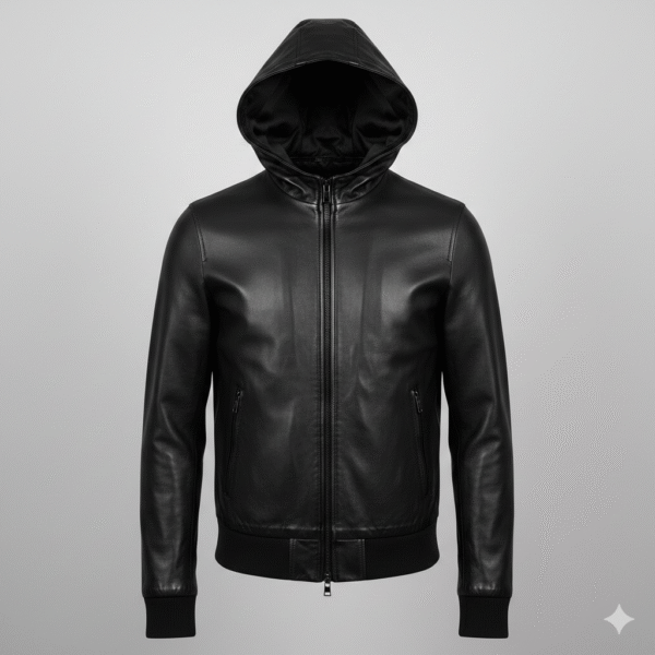 Black Leather Hoodie Jacket for Men Trendy Casual Wear