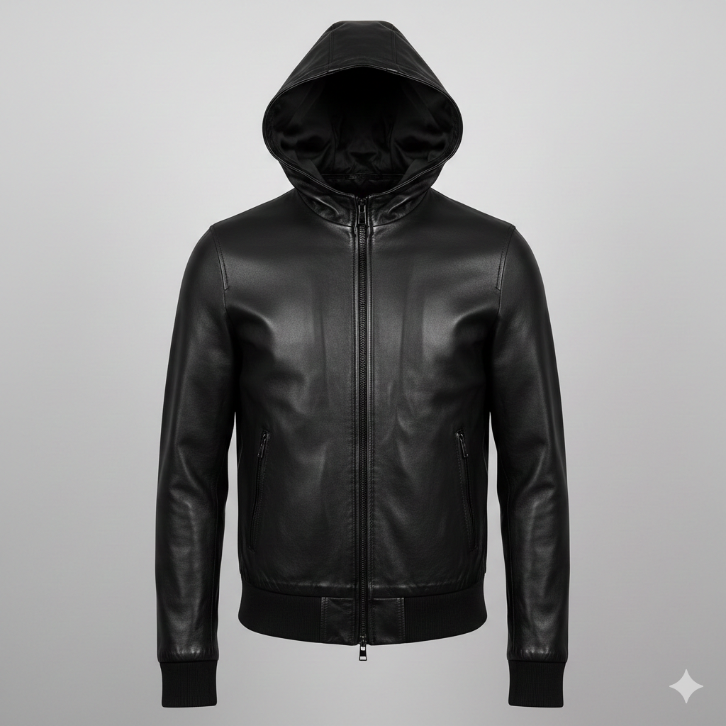 Black Leather Hoodie Jacket for Men Trendy Casual Wear