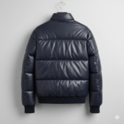 Men’s Dark Blue Leather Puffer Jacket with Quilted Bomber Look