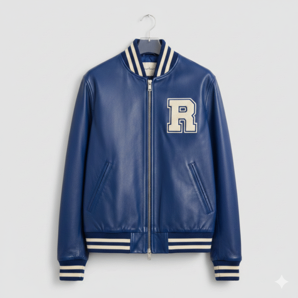 Men's Blue Leather Varsity Jacket with Ribbed Bomber Style