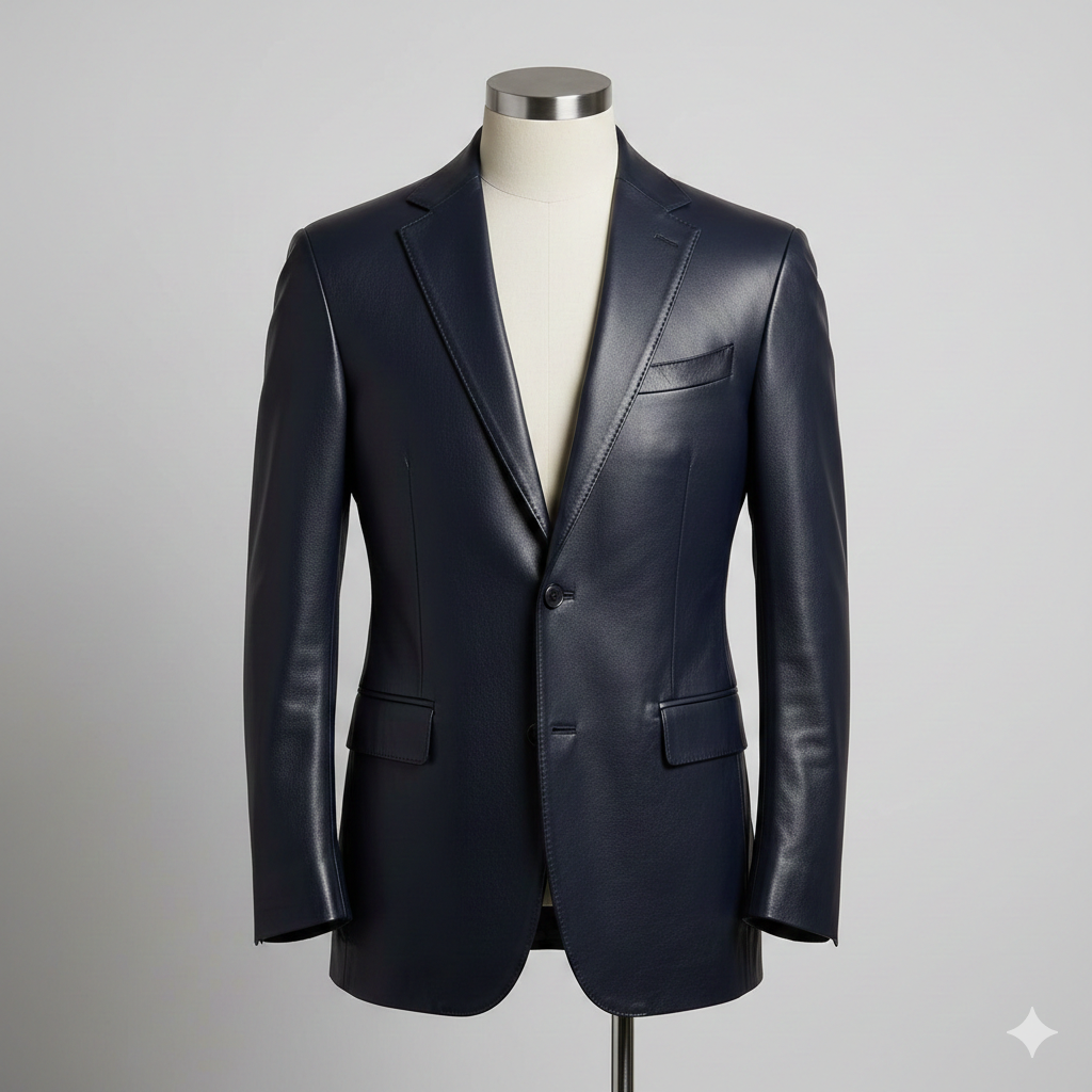 Midnight Blue Leather Men's Blazer Jacket Premium Fashion Wear