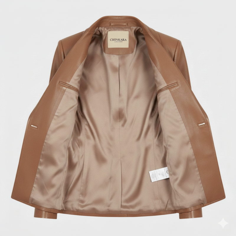 Women Taupe Leather Blazer with Shawl Collar Design