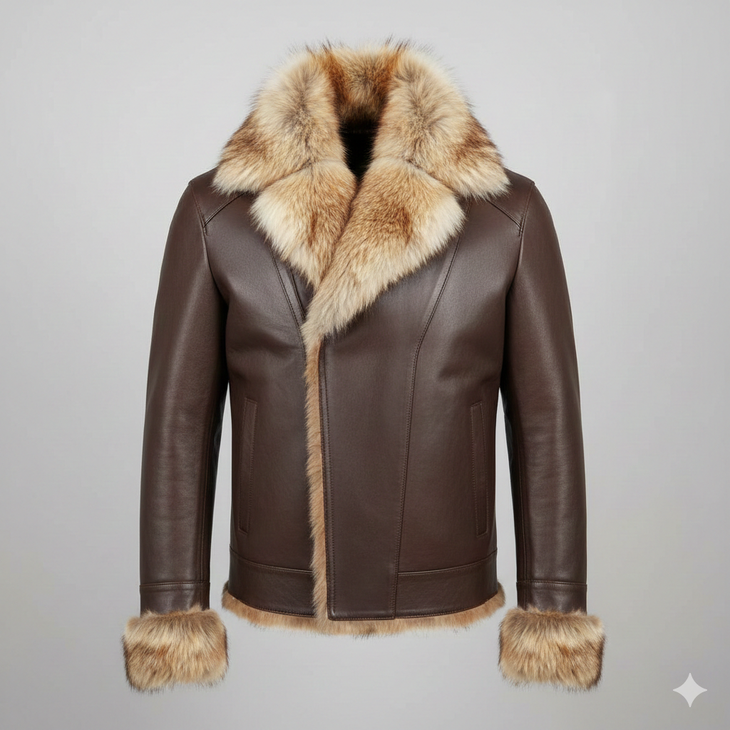 Brown Leather Fur Shearling Men's Winter Jacket
