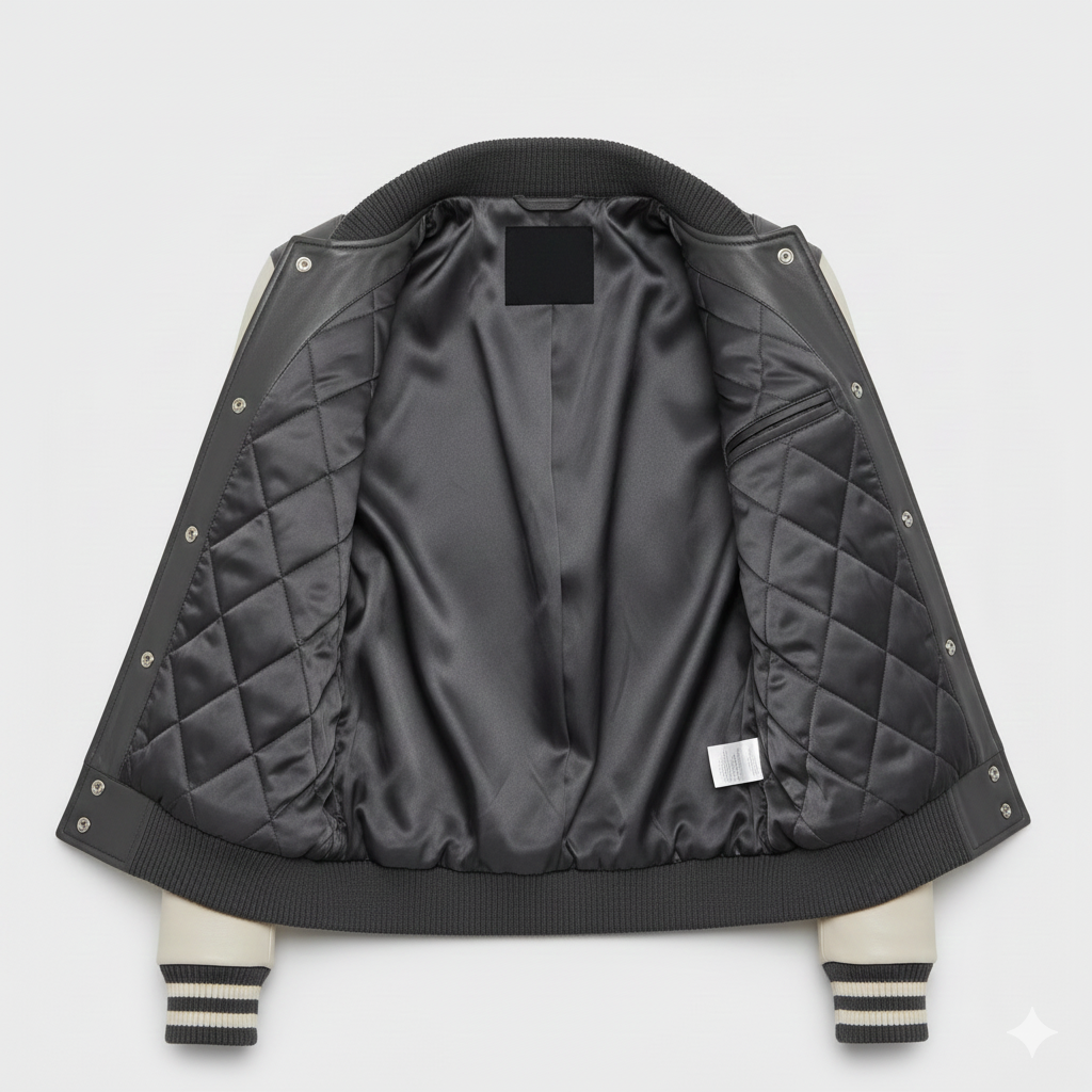 Women Leather Varsity Jacket Charcoal With Cream Contrast