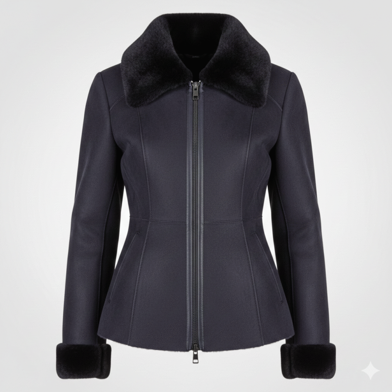 Shearling Fur Jacket for Women in Navy Blue Slim Fit Luxury