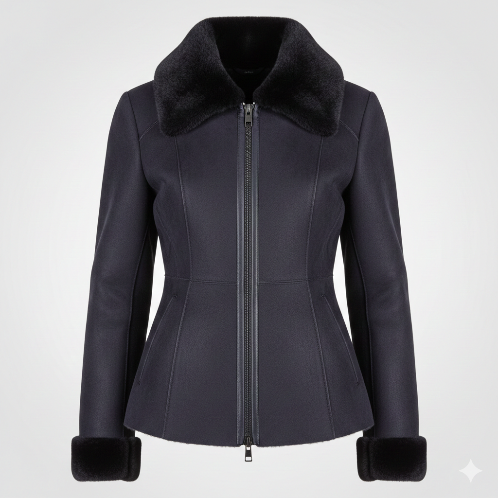 Shearling Fur Jacket for Women in Navy Blue Slim Fit Luxury