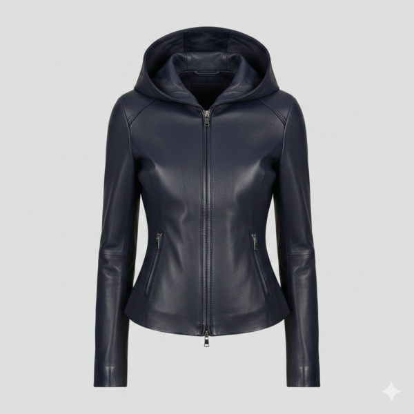 Leather Hooded Jacket for Women in Navy Blue Fitted Style