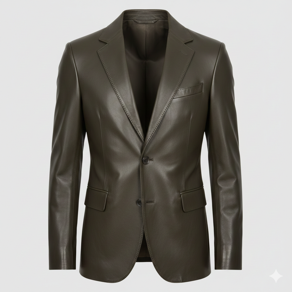 Dark Olive Leather Men's Blazer Jacket Coat