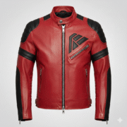 Red Leather Biker Jacket with Premium Black Contrast Trim