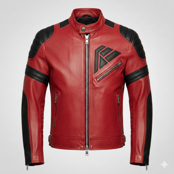 Red Leather Biker Jacket with Premium Black Contrast Trim
