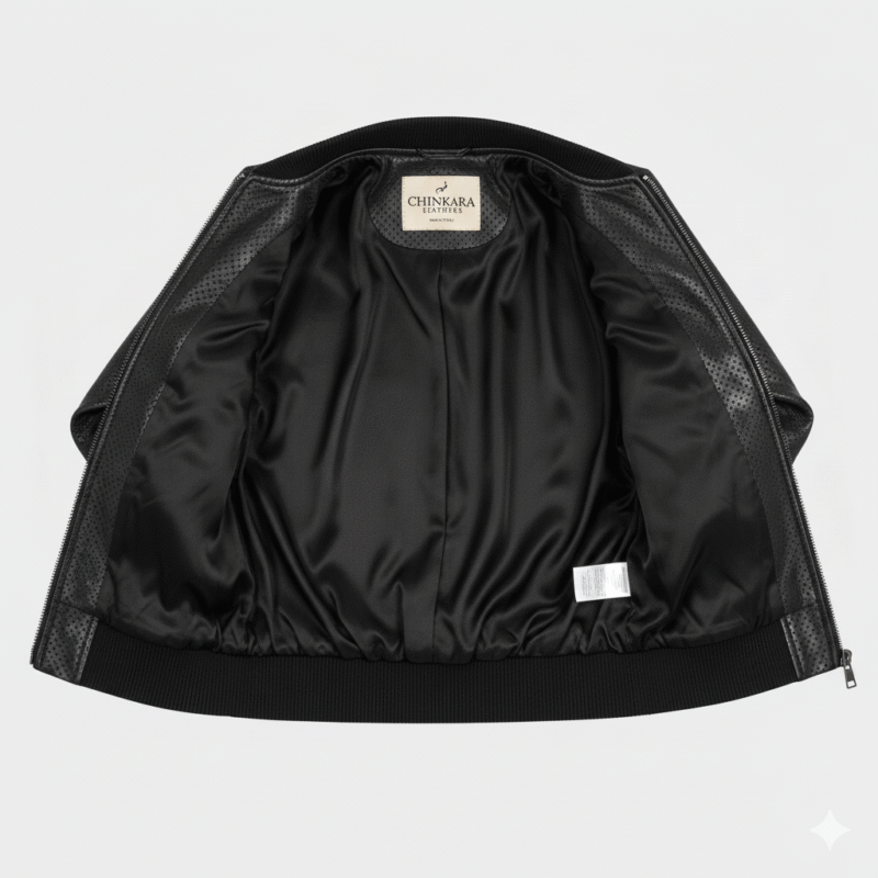 Dotted Black Leather Bomber Jacket for Women in Designer Style