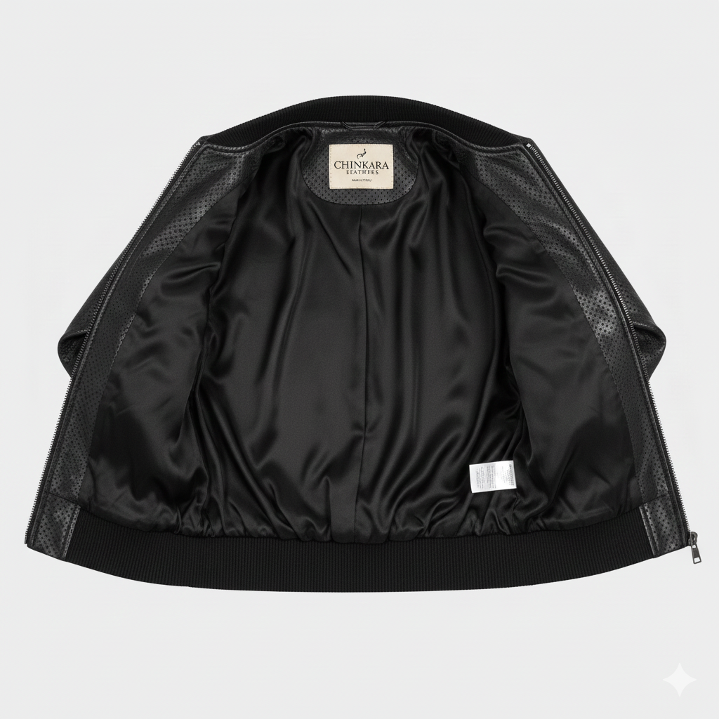 Dotted Black Leather Bomber Jacket for Women in Designer Style