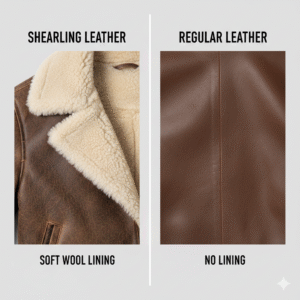 Split-frame comparison image showing shearling leather on the left and regular leather on the right. The shearling side displays soft wool lining attached to leather, while the regular leather side shows smooth leather without lining. Clean studio background, educational fashion comparison, high clarity.