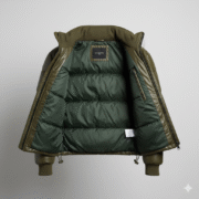 Olive Green Leather Puffer Jacket For Men Stylish Quilted Design