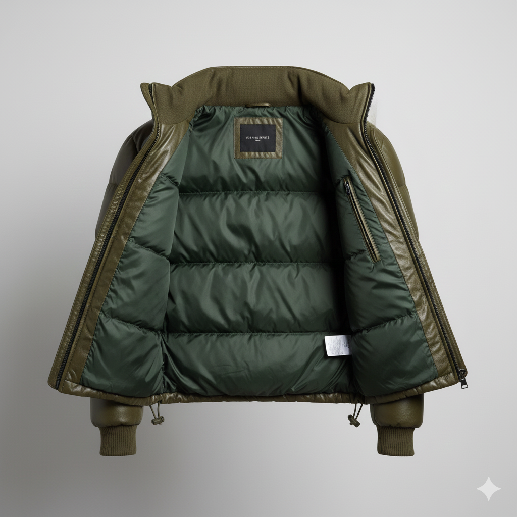 Olive Green Leather Puffer Jacket For Men Stylish Quilted Design