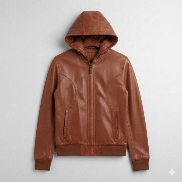 Brown Leather Hoodie Jacket Modern for Men Trendy Outerwear