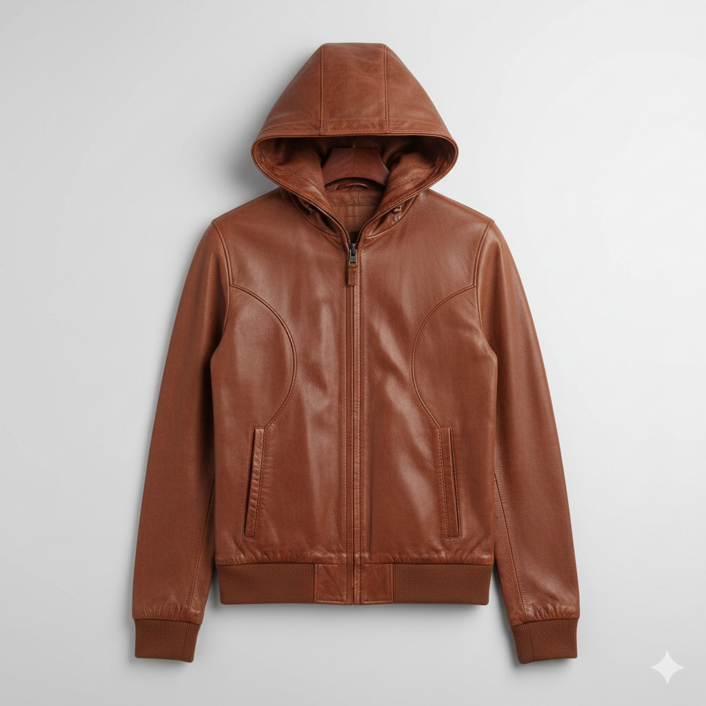 Brown Leather Hoodie Jacket Modern for Men Trendy Outerwear