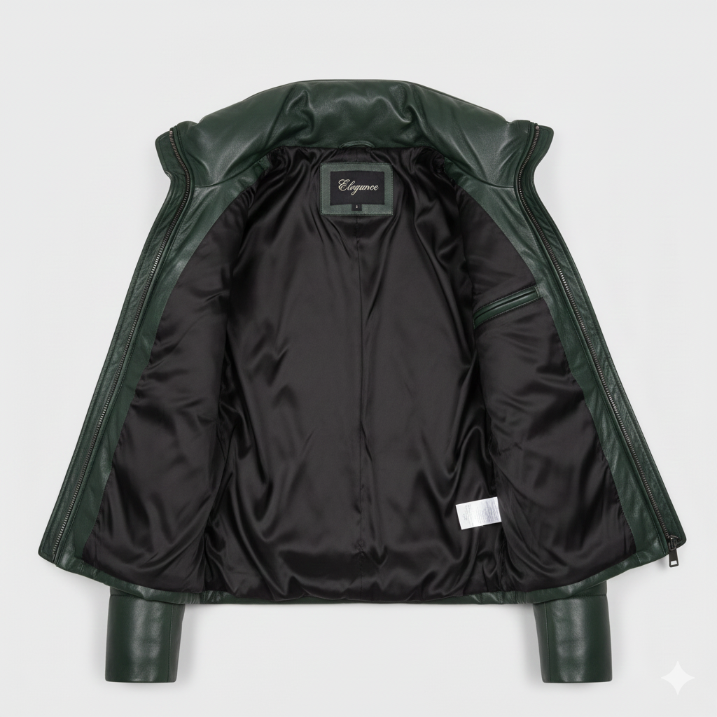 Deep Forest Green Puffer Leather Jacket for Women