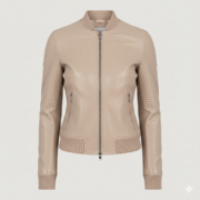 Womens Beige color Leather Bomber Jacket Modern Fitted