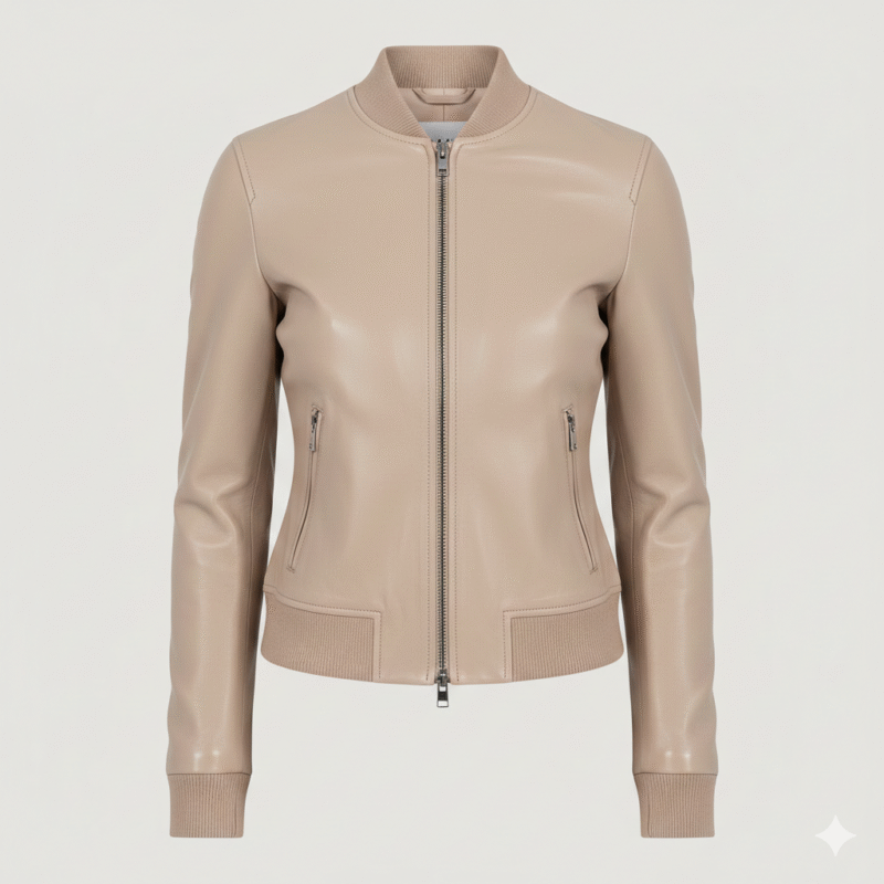 Womens Beige color Leather Bomber Jacket Modern Fitted