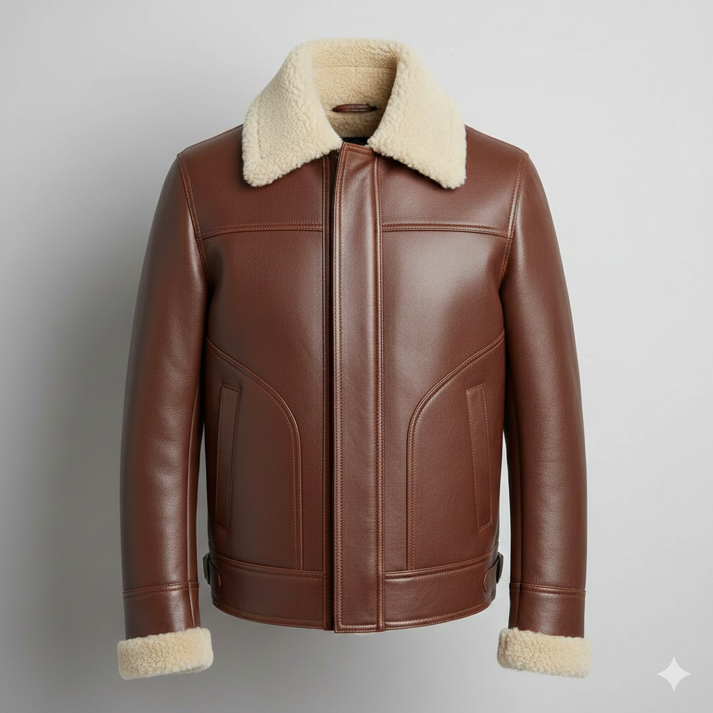 Stylish Brown Leather Shearling Fur Bomber Jacket