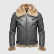 Grey Leather Fur Shearling Men's Bomber Jacket