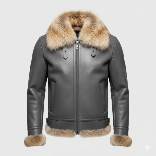 Grey Leather Fur Shearling Men's Bomber Jacket