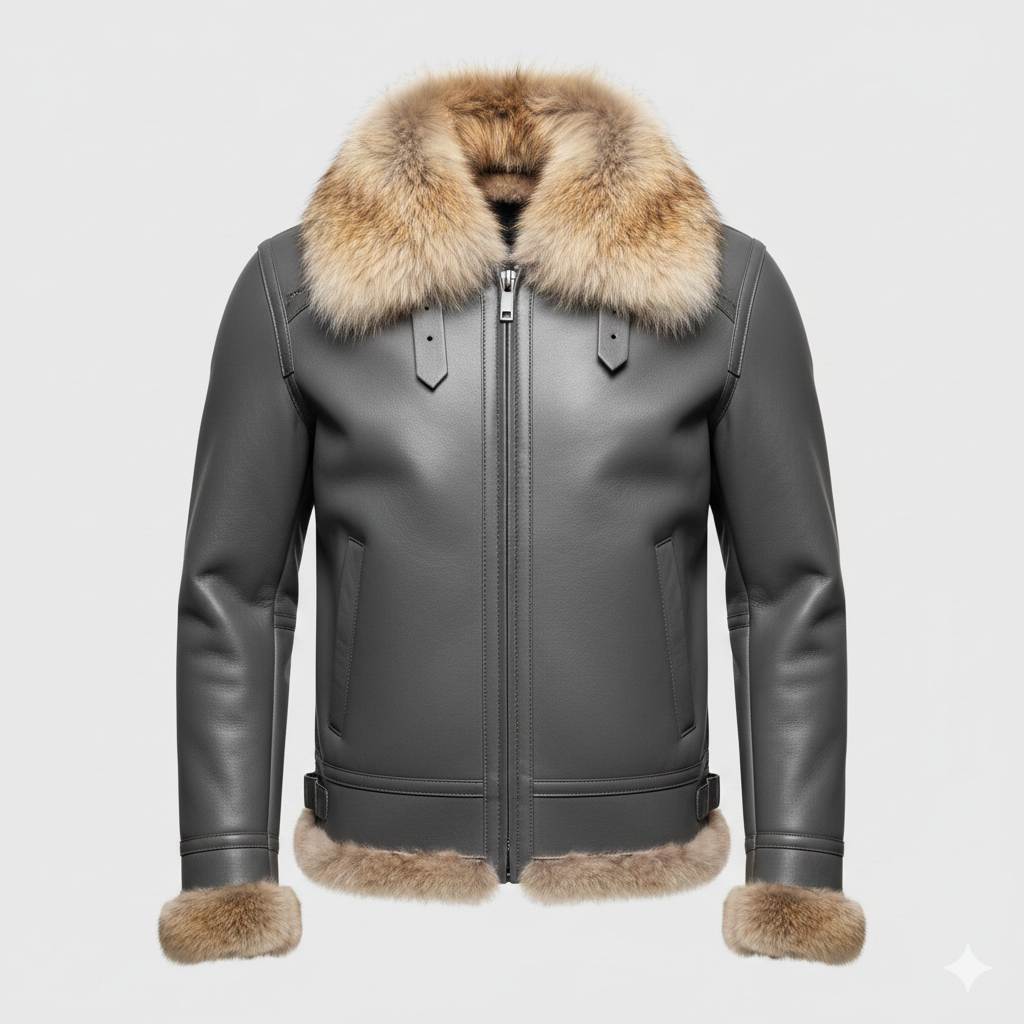 Grey Leather Fur Shearling Men's Bomber Jacket