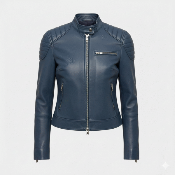 Blue Leather Biker Jacket for Women Stylish Fashionable Look
