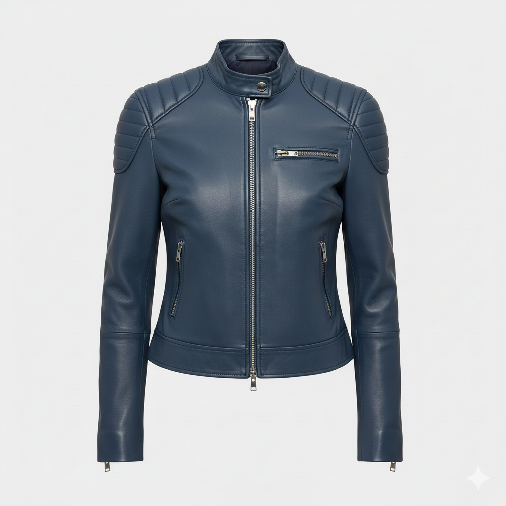 Blue Leather Biker Jacket for Women Stylish Fashionable Look