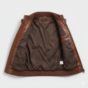 Brown Leather Puffer Vest for Men Bomber Style Ribbed Trim
