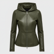 Leather Hooded Jacket for Women in Olive Green Stylish Fit