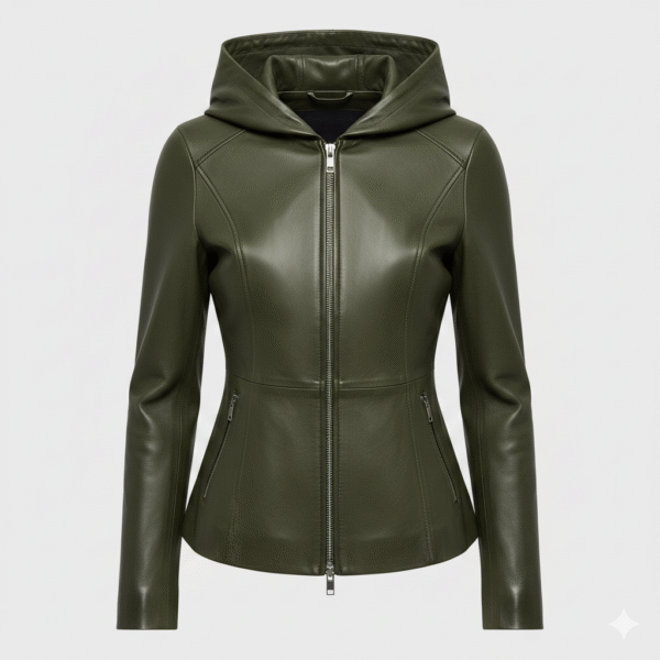 Leather Hooded Jacket for Women in Olive Green Stylish Fit