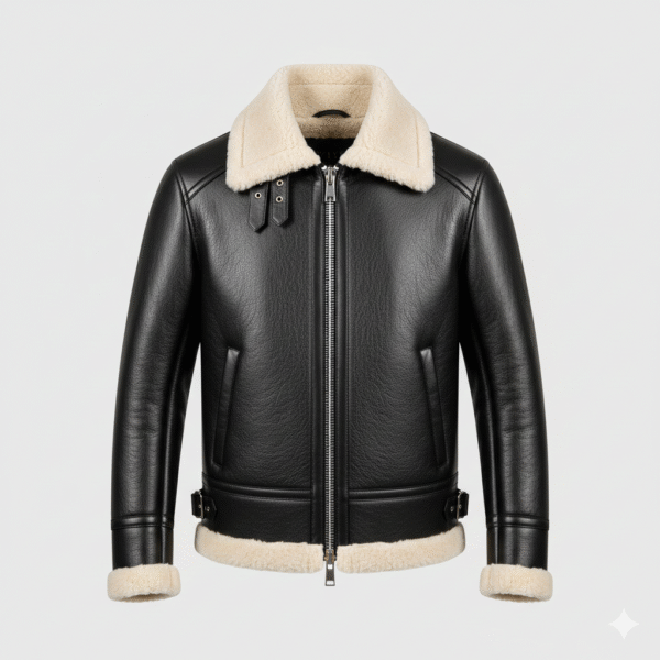 Black Shearling Leather Jacket, B3 Aviator with YKK Hardware