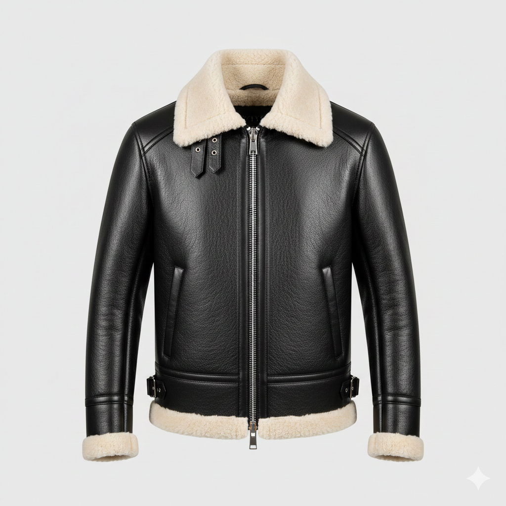 Black Shearling Leather Jacket, B3 Aviator with YKK Hardware