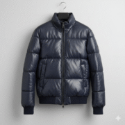 Men’s Dark Blue Leather Puffer Jacket with Quilted Bomber Look