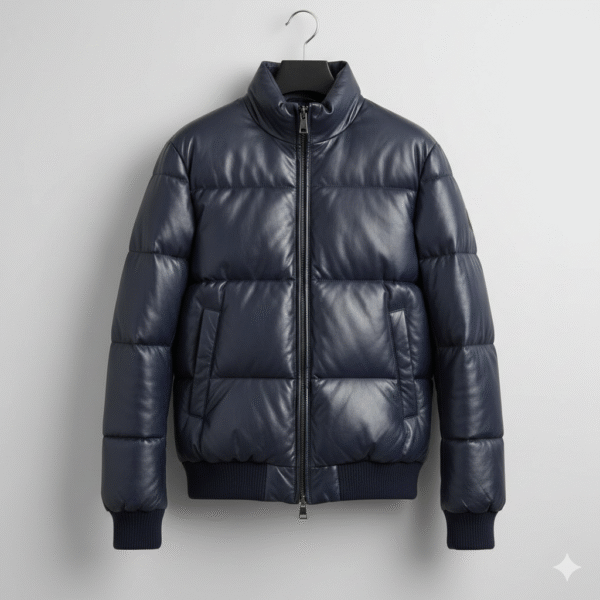 Men’s Dark Blue Leather Puffer Jacket with Quilted Bomber Look