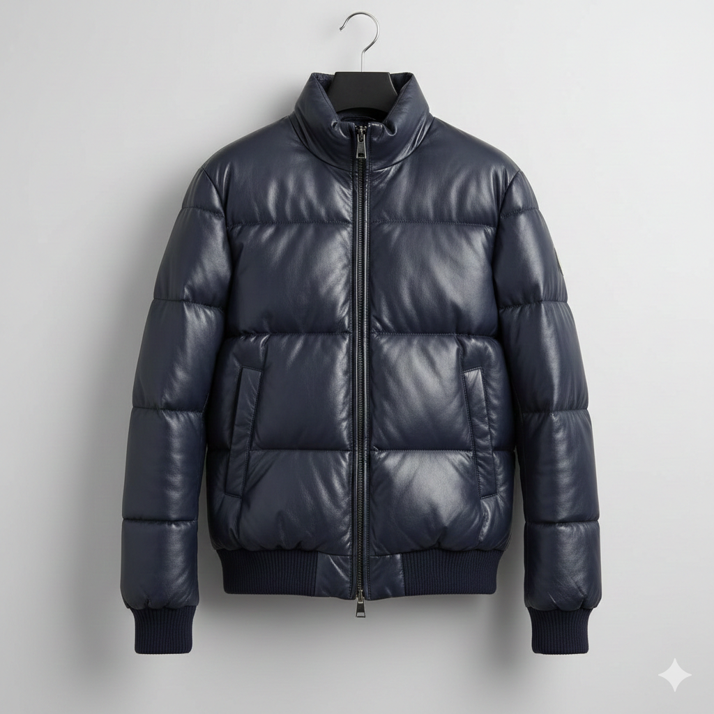 Men’s Dark Blue Leather Puffer Jacket with Quilted Bomber Look