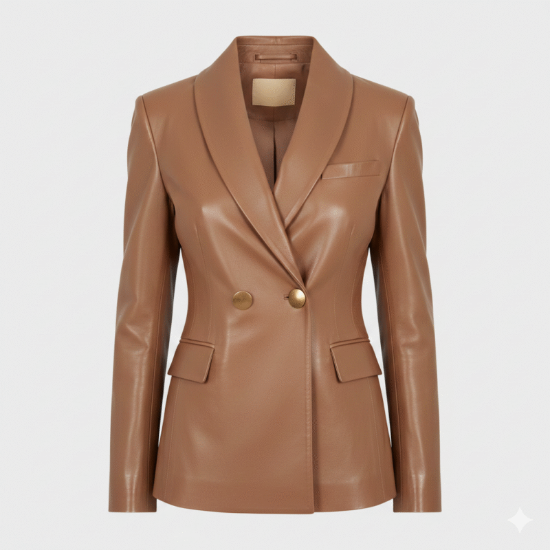 Women Taupe Leather Blazer with Shawl Collar Design