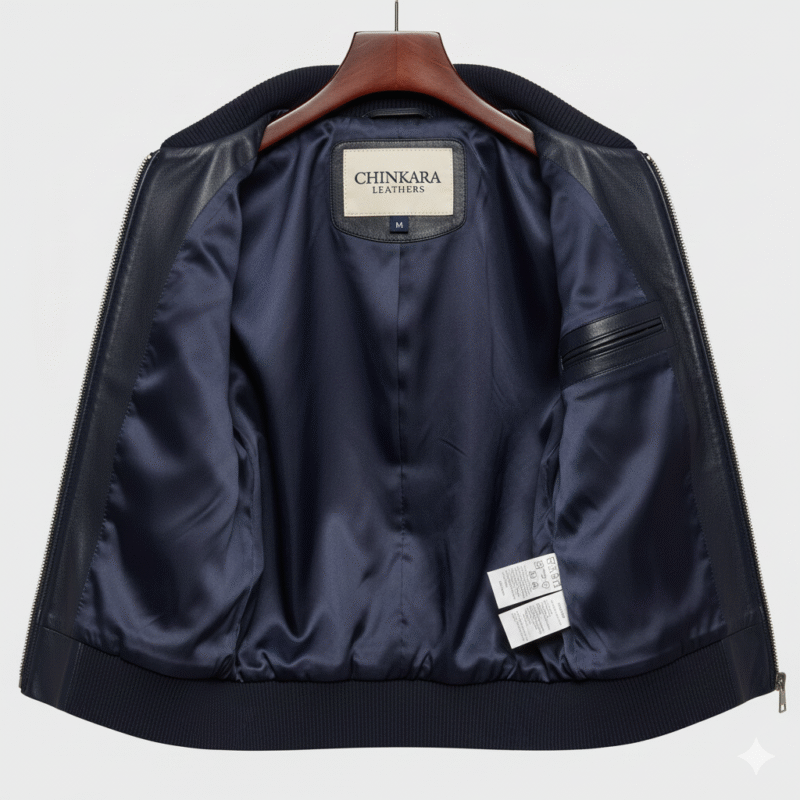 Navy Leather Bomber Jacket for Women with Feminine Fit