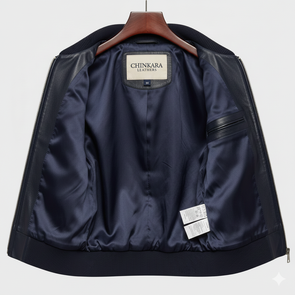 Navy Leather Bomber Jacket for Women with Feminine Fit