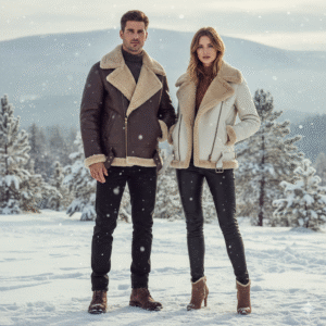 A stylish man and woman wearing premium shearling leather jackets in a winter setting. The jackets show soft shearling lining at the collars. Elegant, modern fashion look, cold weather atmosphere, luxury outerwear styling, natural colors, cinematic lighting.