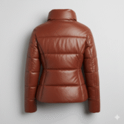 Brown Leather Puffer Jacket for Women Lightweight & Warm