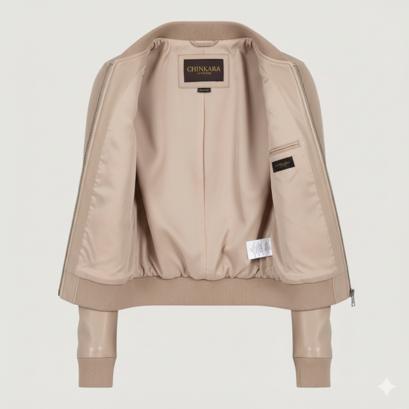 Womens Beige color Leather Bomber Jacket Modern Fitted