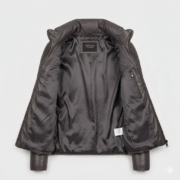 Charcoal Leather Puffer Jacket for Women Stand Collar Fit