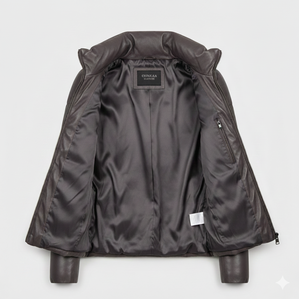 Charcoal Leather Puffer Jacket for Women Stand Collar Fit