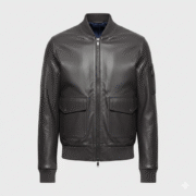 Men's Charcoal Grey Textured Leather Bomber Jacket