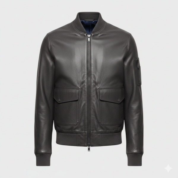 Men's Charcoal Grey Textured Leather Bomber Jacket
