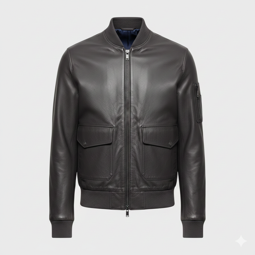 Men's Charcoal Grey Textured Leather Bomber Jacket
