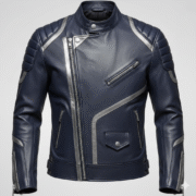 Navy Blue Racing Biker Leather Jacket with Silver Racing Stripes